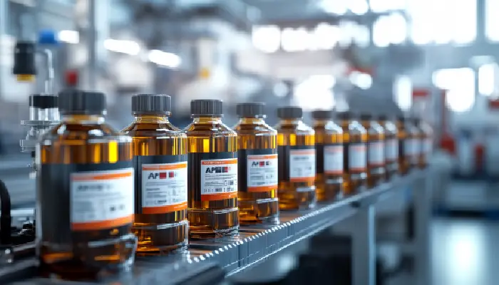 ردیف بطری‌های روغن موتور با برچسب استاندارد API در خط تولید کارخانه