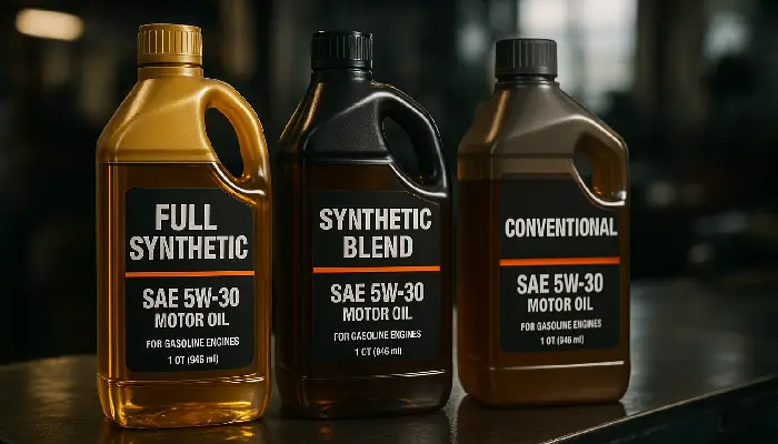 نمای جانبی سه نوع روغن موتور: معدنی، نیمه‌سنتتیک و تمام‌سنتتیک برای مقایسه کاربردی