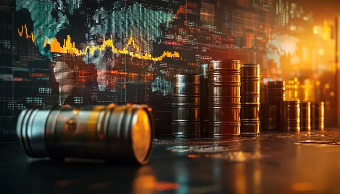 نمایی از بشکه‌های نفت در کنار نمودار نوسانات قیمت جهانی و نقشه بازارهای بین‌المللی