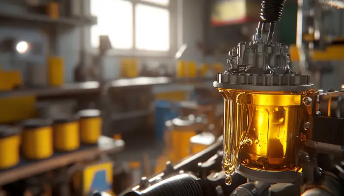 نمایی از فرآیند پمپاژ روغن در پمپ موتور با مخزن شفاف در محیط تعمیرگاه فنی