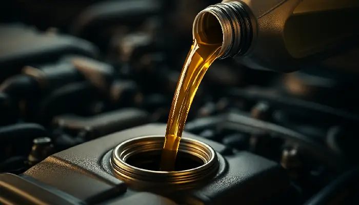 نمای نزدیک از ریختن روغن موتور طلایی در موتور خودروی مدرن با عملکرد بالا