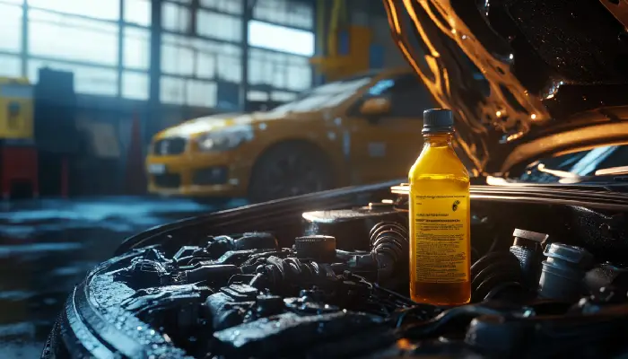 بطری روغن موتور تازه در مقابل موتوری که در معرض گرما و خطر اکسیداسیون قرار دارد، در فضای تعمیرگاه صنعتی.