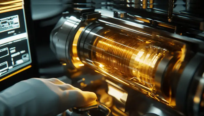 نمایی نزدیک از سیستم روغن‌کاری موتور با جریان شفاف روغن و بررسی فنی توسط تکنسین