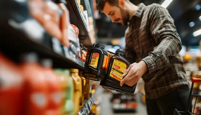 ChatGPT said: مردی در فروشگاه لوازم خودرو در حال مقایسه دو بطری روغن موتور برای انتخاب خرید مناسب