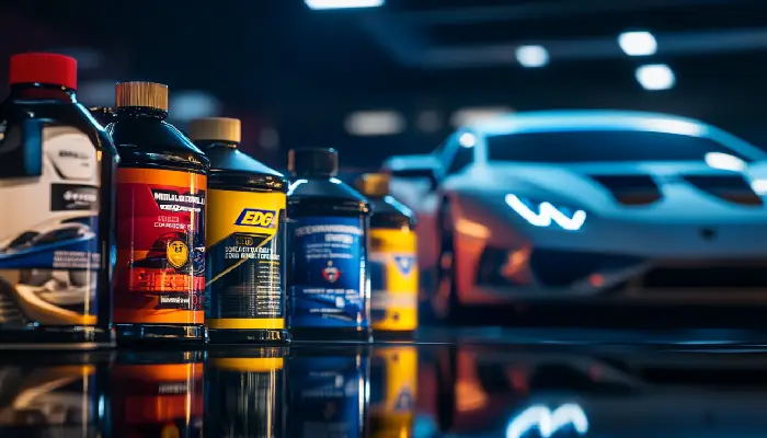 چند برند معتبر روغن موتور در کنار یک خودروی اسپرت توربوشارژ در محیط نمایشگاهی