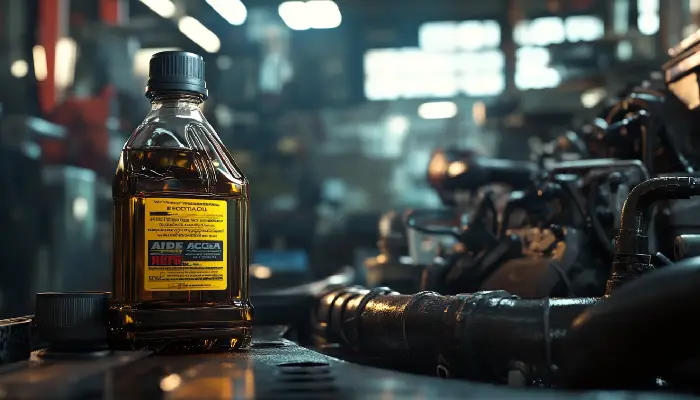 بطری روغن موتور با برچسب استاندارد API و ACEA در محیط صنعتی