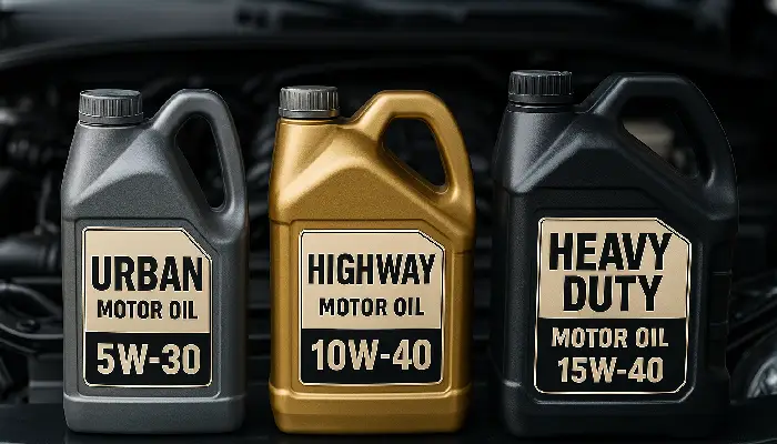 سه ظرف روغن موتور با کاربردهای مختلف شهری، جاده‌ای و سنگین‌کار در کنار موتور خودرو