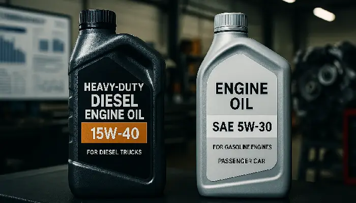 دو بطری روغن موتور؛ یکی برای خودرو دیزلی سنگین و دیگری برای خودروی بنزینی سبک