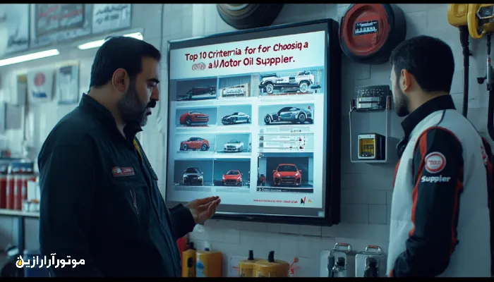 مکانیک با لباس برند رازین در حال آموزش کارآموز با نمایش دیجیتال چکلیست انتخاب تأمینکننده روغن موتور.