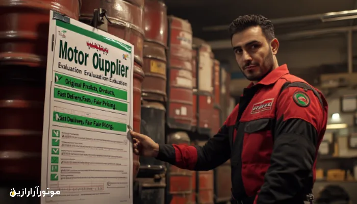 مکانیک ایرانی در حال بررسی چک‌لیست انتخاب تأمین‌کننده روغن موتور در یک اتوسرویس حرفه‌ای.