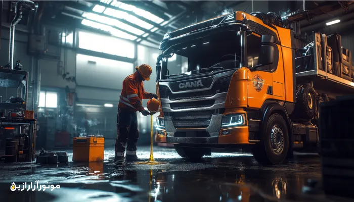 مکانیک حرفهای در حال ریختن روغن موتور دیزلی اصل به کامیون در تعمیرگاه صنعتی