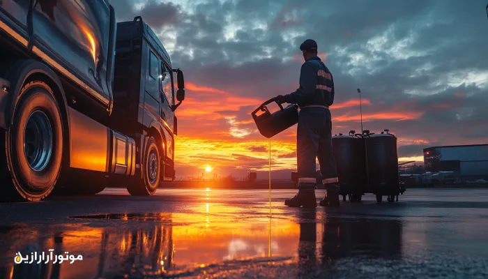 کامیون دیزلی سنگین در حال سرویس روغن توسط مکانیک متخصص 