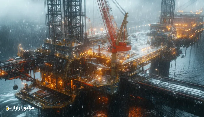 تکنسین در حال گریسکاری ماشینآلات حفاری سنگین در سکوی نفتی