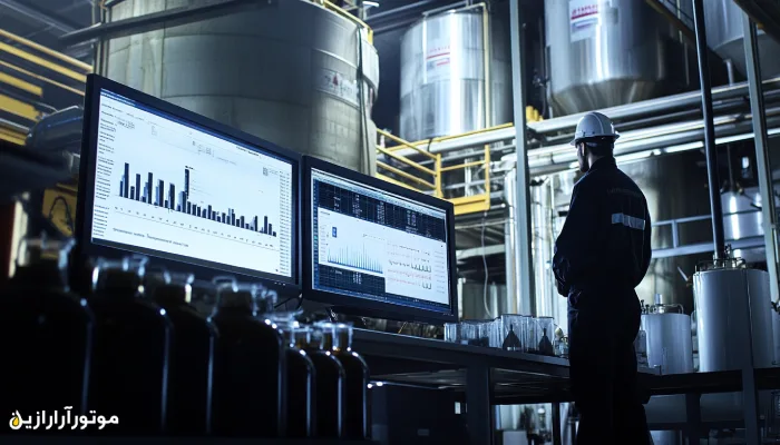 کارشناس فنی با کلاه ایمنی در حال بررسی داده‌های تحلیلی روی دو مانیتور بزرگ در کارخانه تولید روانکار، با پس‌زمینه‌ای از مخازن صنعتی و محیط نیمه‌تاریک پیشرفته.