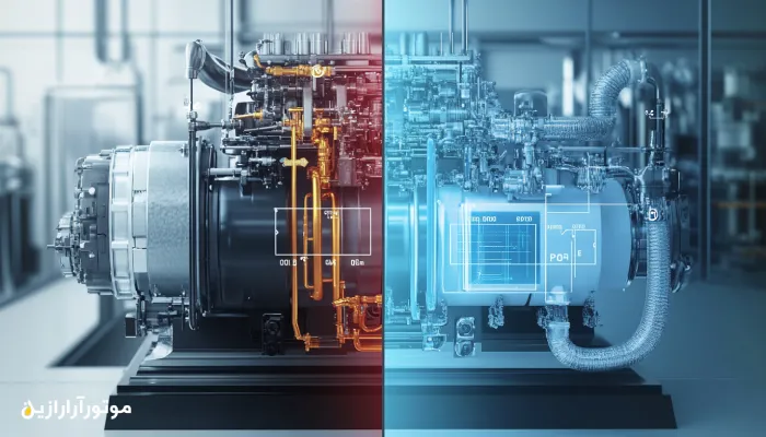 نمای گرافیکی از یک کمپرسور برودتی صنعتی به‌صورت برش خورده، با نمایش مسیر حرکت روغن در دو حالت عملکردی مختلف – ترکیبی از نمای فنی و تحلیلی عملکرد روغن در سیستم‌های تبرید