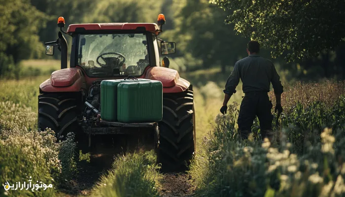 تراکتور قرمز در حال حرکت در مزرعه‌ای سرسبز، به همراه ظرف بزرگ سبزرنگ بدون برچسب بر روی قسمت عقب، در کنار تکنسینی که در حال قدم زدن در میان علفزار است.