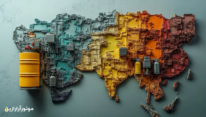 نقشه‌ای هنری و رنگ‌بندی‌شده از آسیا با نمایش بشکه‌ها و ظرف‌های روغن موتور در نواحی مختلف، نماد تطبیق روانکارها با شرایط اقلیمی متنوع.