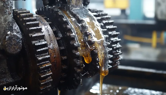 نمای نزدیک از چرخ‌دنده‌های صنعتی با روانکار آلوده و بیش‌ازحد، نشان‌دهنده یکی از خطاهای رایج در مصرف روانکارهای صنعتی