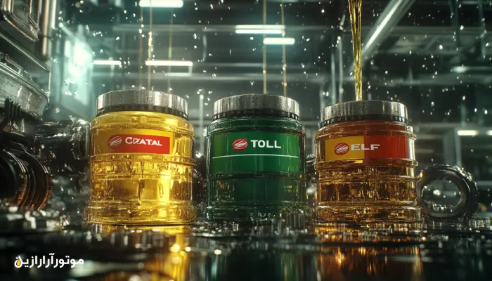 نمای نزدیک از بطریهای روغن کاسترول، الف و توتال با پسزمینه گرافیکی ویسکوزیته و اجزای موتور