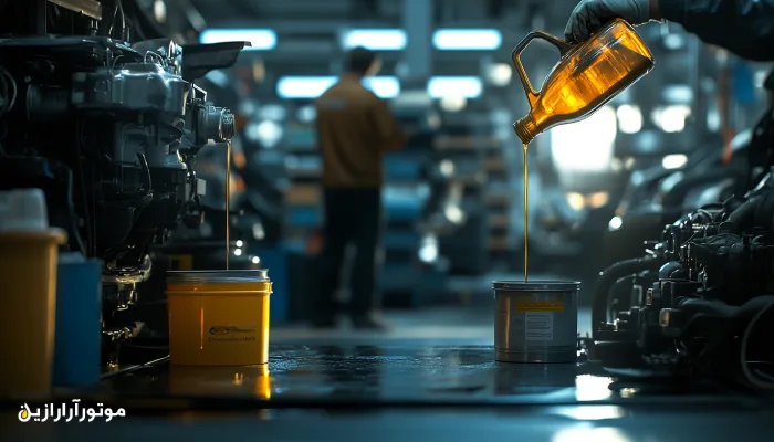 مقایسه واقعی و حرفه‌ای در تعمیرگاه خودرو؛ دو موتور در حال دریافت روغن از ظروف متفاوت—یکی با ظرف زرد بزرگ برای موتور دیزلی و دیگری با ظرف نقره‌ای برای موتور بنزینی، در محیط صنعتی با نورپردازی دقیق.