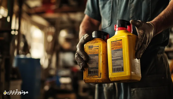 مکانیک در حال نگه‌داشتن دو بطری روغن موتور زرد در تعمیرگاه