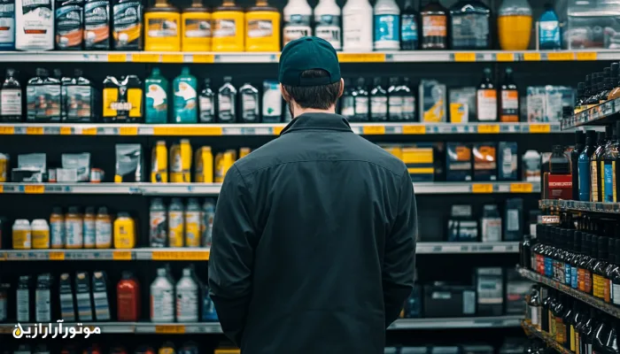 مردی در حال بررسی قفسه‌ روغن موتور در فروشگاه لوازم خودرو