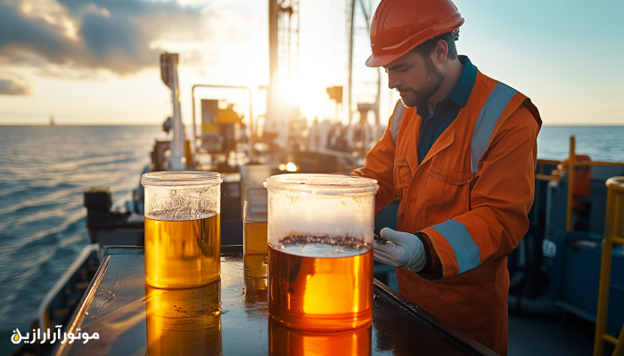 کارشناس فنی در حال بررسی نمونه‌های روغن موتور دریایی در دو ظرف شفاف روی عرشه کشتی، یکی شفاف و طلایی و دیگری تیره و کدر – مقایسه بصری برای تشخیص روغن تقلبی