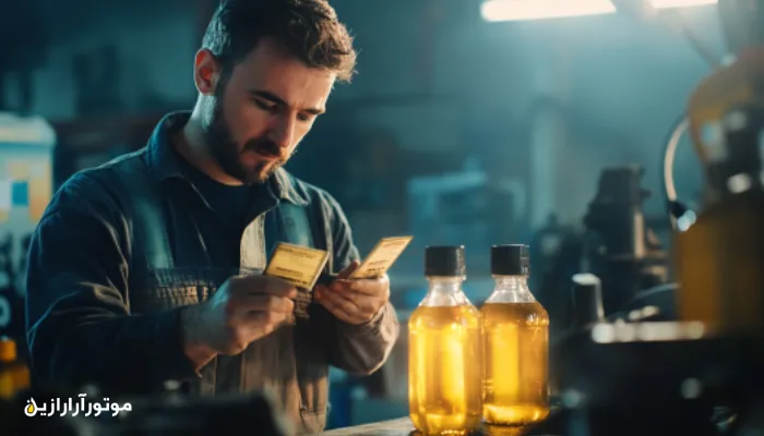 مکانیکی حرفه‌ای در حال مقایسه دو ظرف مشابه روغن موتور، یکی اصل و یکی تقلبی