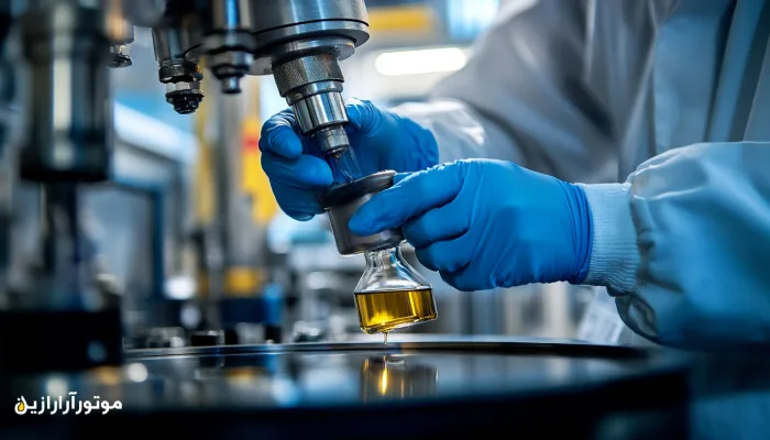 نمونهگیری از روانکار صنعتی در محیط آزمایشگاهی کارخانه، با رعایت اصول ایمنی و استفاده از دستکش حفاظتی؛ بخشی از فرآیند کنترل کیفیت پیش از مصرف روانکار