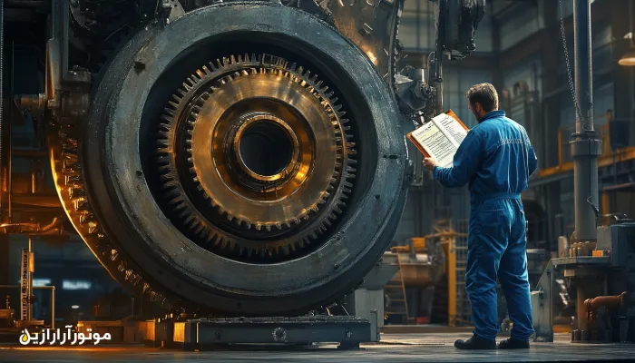 کارشناس نگهداری صنعتی در حال بررسی چک‌لیست ایمنی و روانکاری مقابل یک توربین بزرگ؛ نمایی از اهمیت مستندسازی و بازرسی دقیق در محیط‌های صنعتی