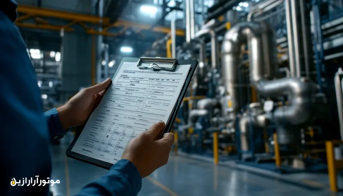 کارشناس فنی در حال بررسی چک‌لیست نگهداری پیشگیرانه مقابل تجهیزات صنعتی؛ ثبت دقیق زمان‌بندی تعویض روانکارها برای جلوگیری از خرابی‌های ناگهانی