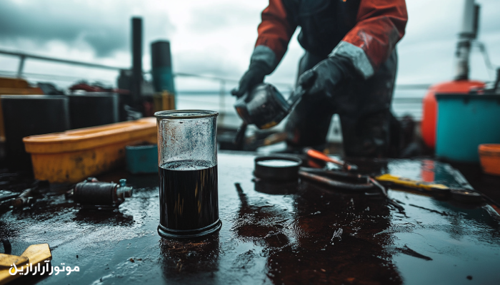 نمونه‌ای از روغن موتور دریایی تیره و آلوده در یک ظرف شیشه‌ای روی عرشه کشتی، در حالی که تکنسین در پس‌زمینه در حال بررسی قطعات موتور است – نمایی واقعی از شرایط نیاز به تعویض روغن