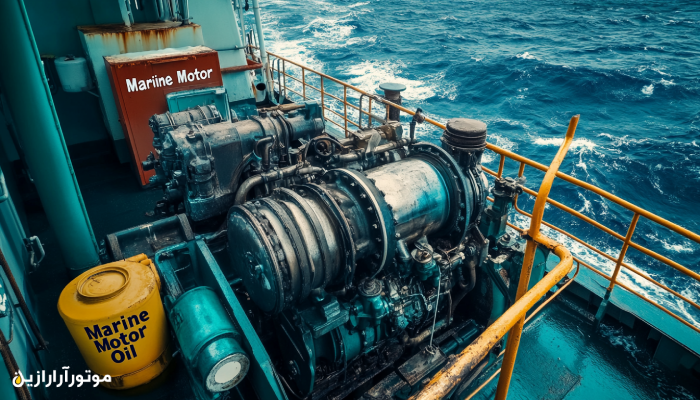 موتور صنعتی بزرگ روی عرشه کشتی با پس‌زمینه دریای مواج و ظرف روغن موتور دریایی – نمایش شرایط کاری موتورها در دریاهای آزاد