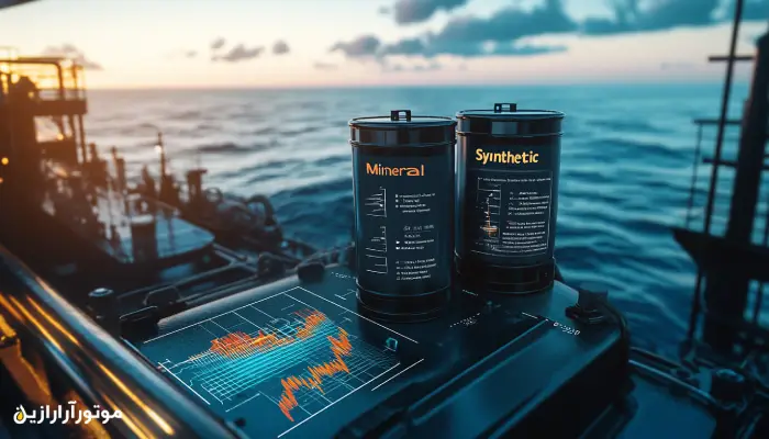 دو ظرف روغن موتور دریایی با برچسب‌های Mineral و Synthetic روی عرشه کشتی در حال غروب، همراه با نمودارهای دیجیتال مشخصات فنی روی سطح موتور – نمایش دقیق مقایسه عملکرد روغن‌های سنتتیک و مینرال در شرایط دریایی