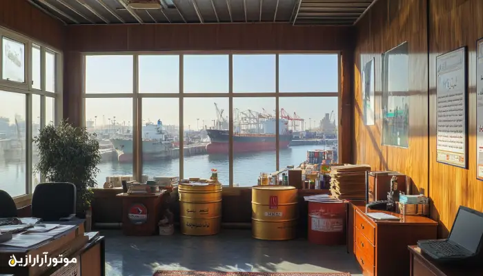نمای داخلی یک دفتر تأمین‌کننده روغن موتور دریایی در ایران با چشم‌انداز بندر، بشکه‌های برند ایرانی روغن و اسناد تجاری روی میز – فضای قابل اعتماد برای خرید روغن اصل