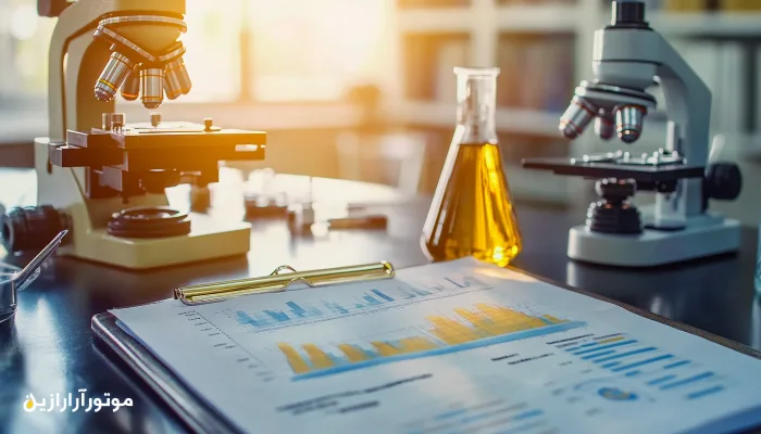 گزارش تحلیلی نمونه روغن همراه با میکروسکوپ و فلاسک حاوی روانکار؛ محیط آزمایشگاهی برای بررسی کیفیت و شناسایی آلودگیهای احتمالی در روانکارهای صنعتی