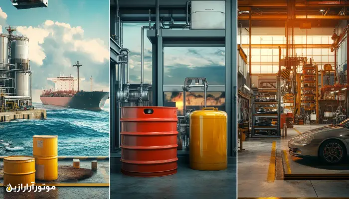 نمای برش‌خورده از سه محیط متفاوت: کشتی در دریا، تأسیسات صنعتی، و کارگاه خودرویی؛ هر کدام با مخازن روغن مخصوص خود – نمایش گرافیکی تفاوت کاربرد روغن در صنعت دریایی، کارخانه و خودرو