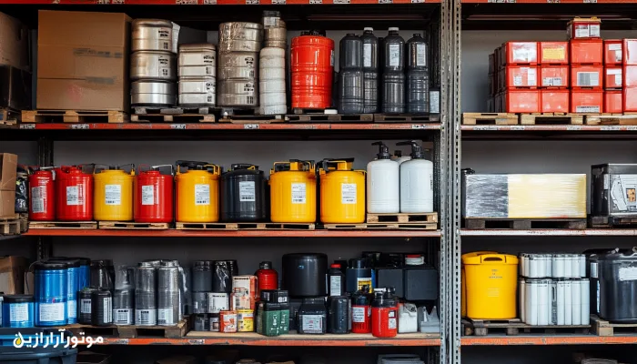 قفسه‌های انبار پر از انواع ظروف روغن موتور صنعتی در رنگ‌های مختلف
