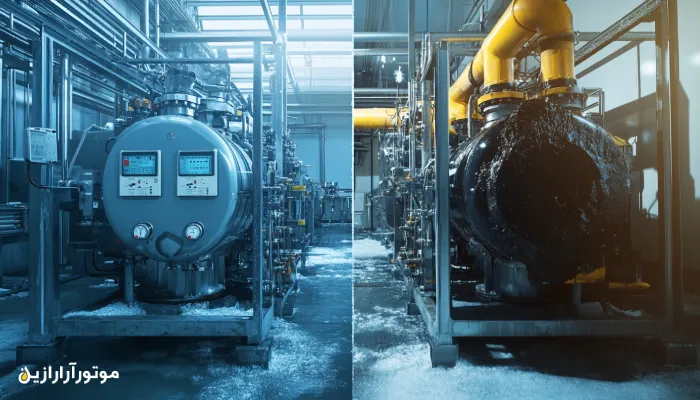 مقایسه دو کمپرسور چیلر صنعتی در اتاق سردخانه، یکی تمیز و یخ‌زده با عملکرد مناسب و دیگری با نشتی و آلودگی شدید – نمایش تأثیر مستقیم روغن برودتی بر سلامت کمپرسور