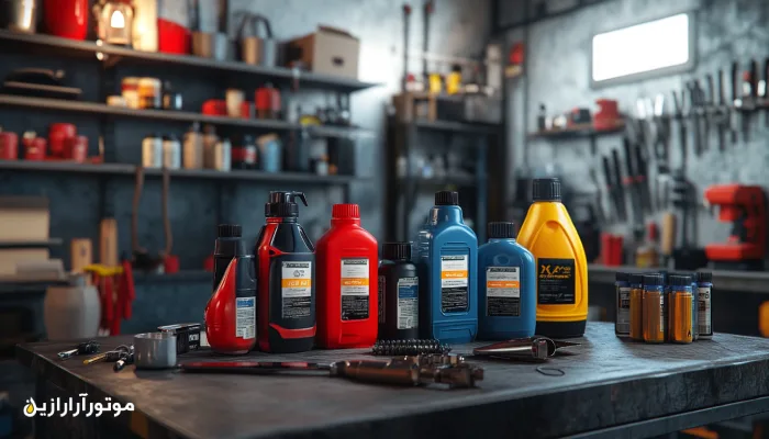 نمایی از انواع روغن‌های چندکاره و تخصصی چیده‌شده روی میز کار در تعمیرگاه صنعتی؛ انتخاب‌های متنوع بر اساس نوع مصرف، عملکرد و شرایط کاری تجهیزات