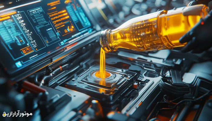 نمای مفهومی از ریختن روغن موتور شفاف به داخل سیستم دیجیتال پیچیده با نمایشگرهای پیشرفته، نماد ترکیب فناوری و روانکارهای نسل جدید.