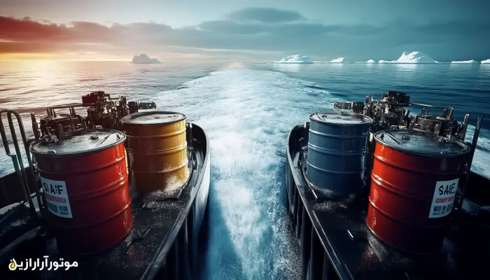 بشکه‌های رنگی روغن موتور با برچسب SAE در دو سوی عرشه کشتی در حال حرکت در آب‌های قطبی، نشان‌دهنده کاربرد ویسکوزیته‌های مختلف در شرایط دمایی سرد و گرم