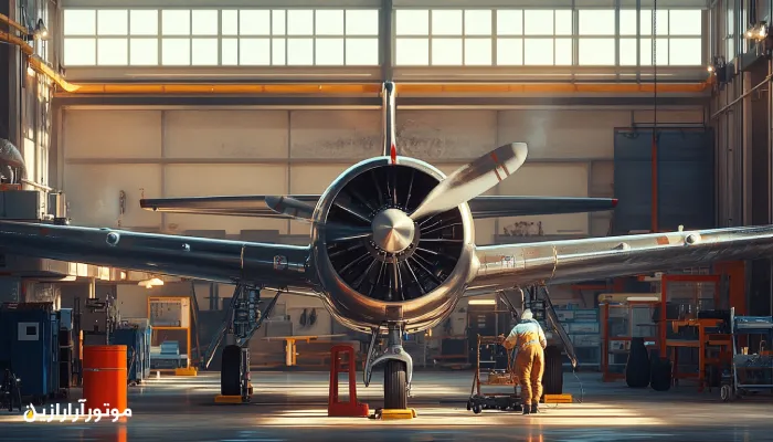 هواپیمای سبک در حال سرویس توربین داخل آشیانه نگهداری