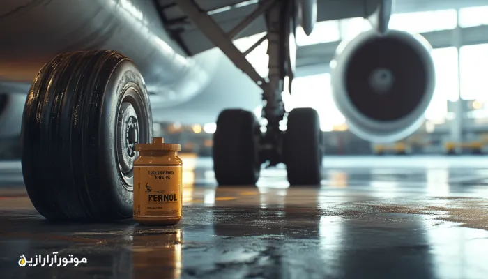 تصویری از محفظه چرخ هواپیما با درزهای روانکاریشده توسط گریس هوایی، نور طبیعی در محیط صنعتی تعمیرگاه