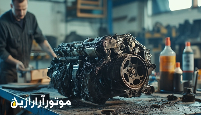 موتور یک دستگاه cnc که به دلیل استفاده از روغن نامناسب خراب شده است و یک مرد در حال تعمیر دستگاه.