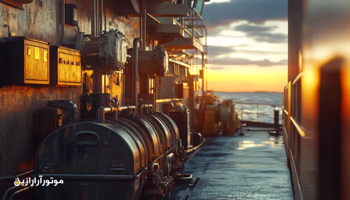 نمایی ازکشتی باربری بزرگ در حال حرکت با نمایش جزئیاتی از موتورخانه و ظروف روغن سیلندر کراس‌هد