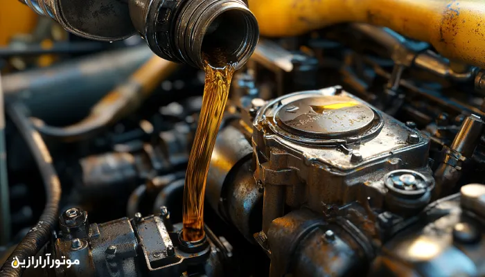 نمای نزدیک از موتور دیزلی سنگین داخل یک کامیون، در حال ریختن روغن موتور پربازده توسط تکنسین