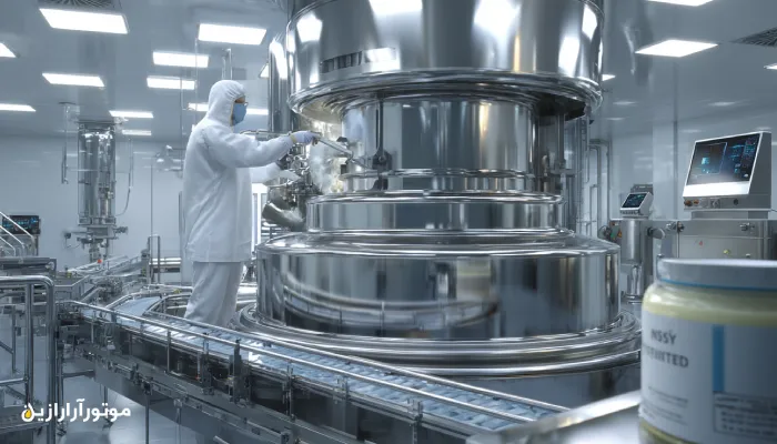 تصویری واقعی از گریسکاری دقیق یک میکسر صنعتی استیل در کارخانه مواد غذایی؛ تکنسین با تجهیزات بهداشتی، گریس NSF H1 را با ابزار مخصوص اعمال میکند. محیط کاملاً تمیز، دیوارهای سفید بهداشتی و نورپردازی صنعتی، استانداردهای ایمنی و بهداشت صنایع غذایی را نمایش میدهد.