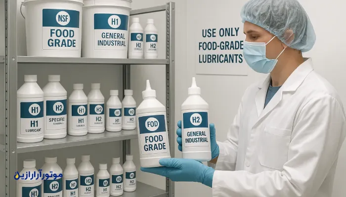 نمای داخلی یک انبار روانکارهای بهداشتی در کارخانه صنایع غذایی یا دارویی، با قفسههای فلزی مرتب و ظروف روانکار دارای برچسب NSF H1 و H2. مهندس کنترل کیفیت با لباس بهداشتی، دو بطری روانکار را بررسی میکند؛ یکی با برچسب Food Grade و دیگری General Industrial. پوستر نصبشده روی دیوار، الزام استفاده از روانکارهای بهداشتی را یادآوری میکند.»