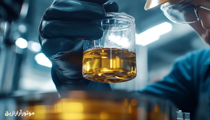 تکنسین در حال بررسی نمونهای از روغن موتور گازی پربازده در یک ماشین سنگین صنعتی